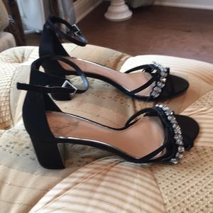 Black satin dress sandals with crystals